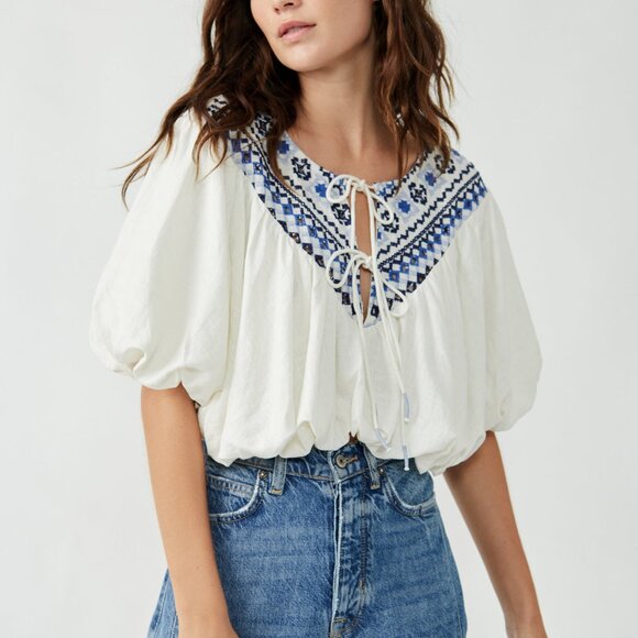 NWT FREE PEOPLE Joni Embroidered Top in ivory (S) - Picture 1 of 4